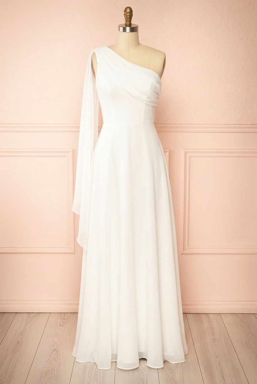 Frontview of Alexandra, a white one-shoulder dress from Boudoir 1861