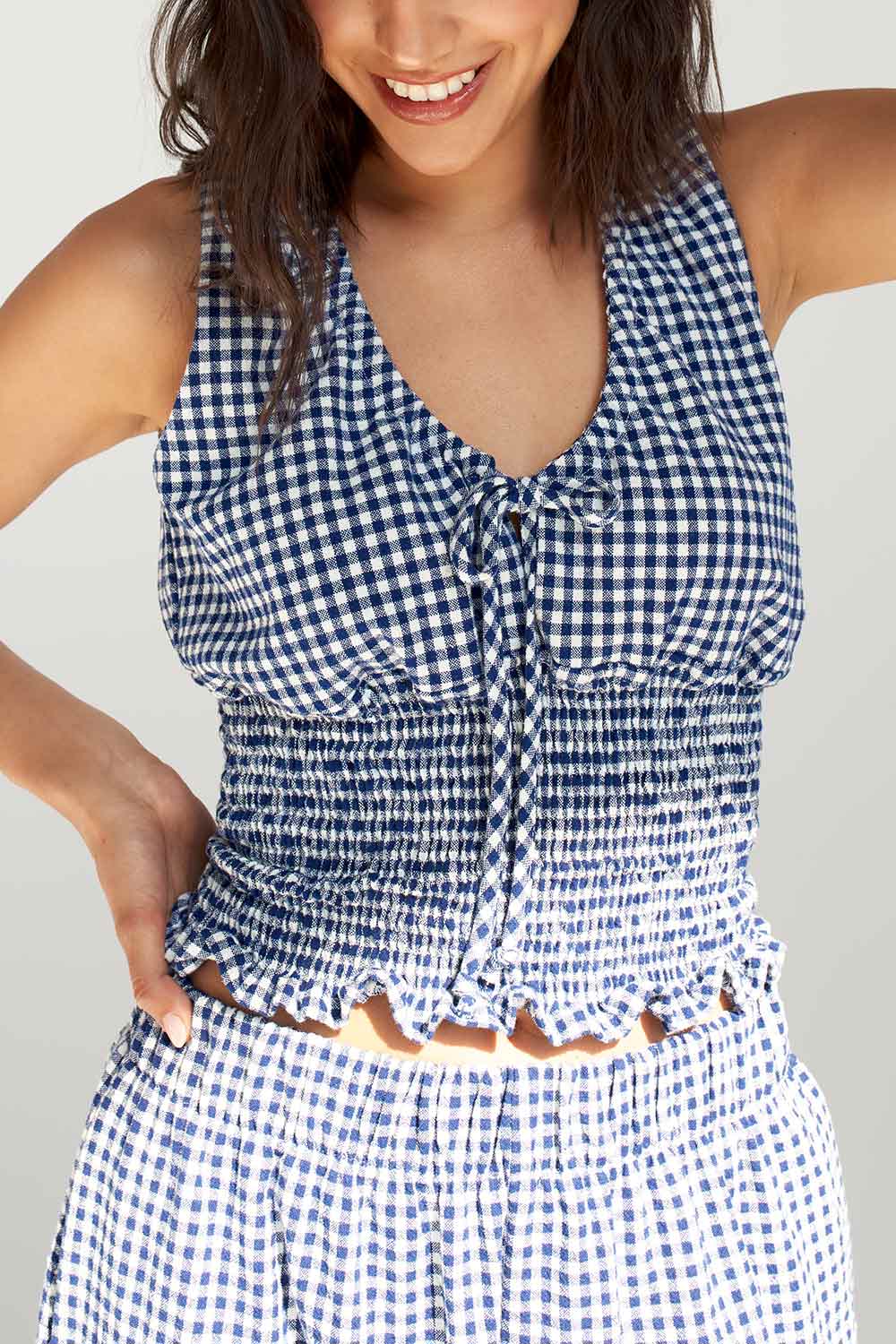 Ambala Navy Gingham Top with Smoked Waist by Dailystory | Boutique 1861 top close-up