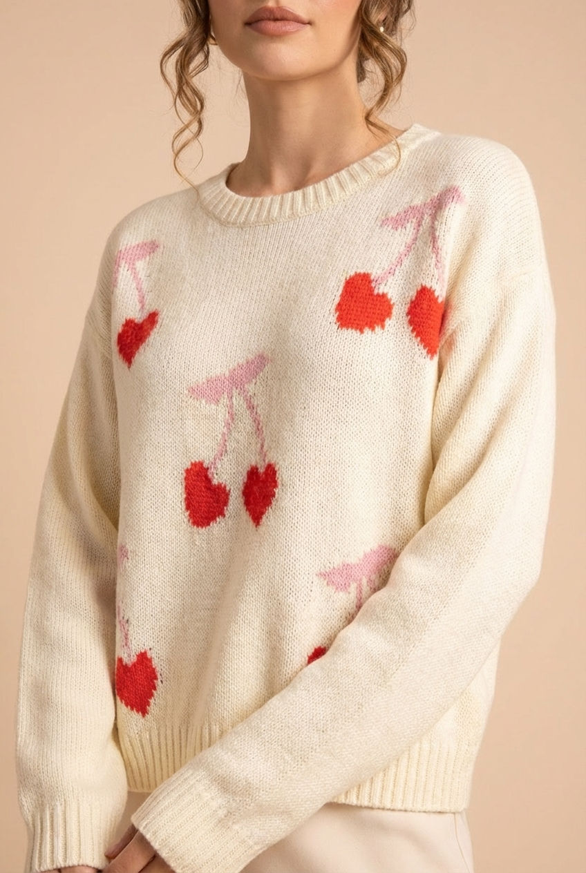 woman wearing Alvina Ivory Knit Sweater with Heart-Shaped Cherries from Boutique 1861 
