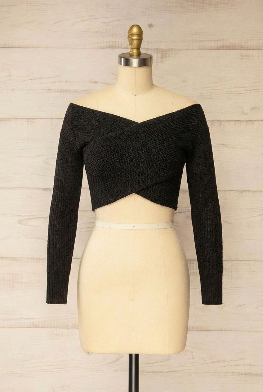 Ameca Black Knitted Convertible Crop Top | La petite garçonne front view