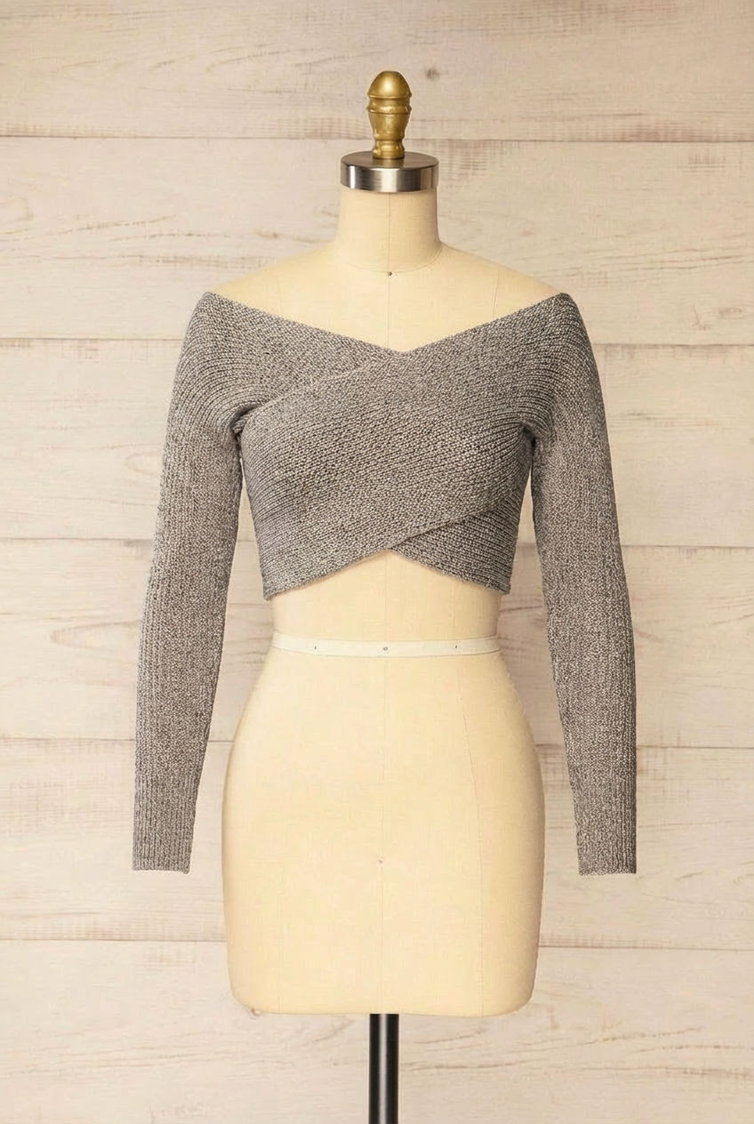 Ameca Grey Knitted Convertible Crop Top | La petite garçonne front view
