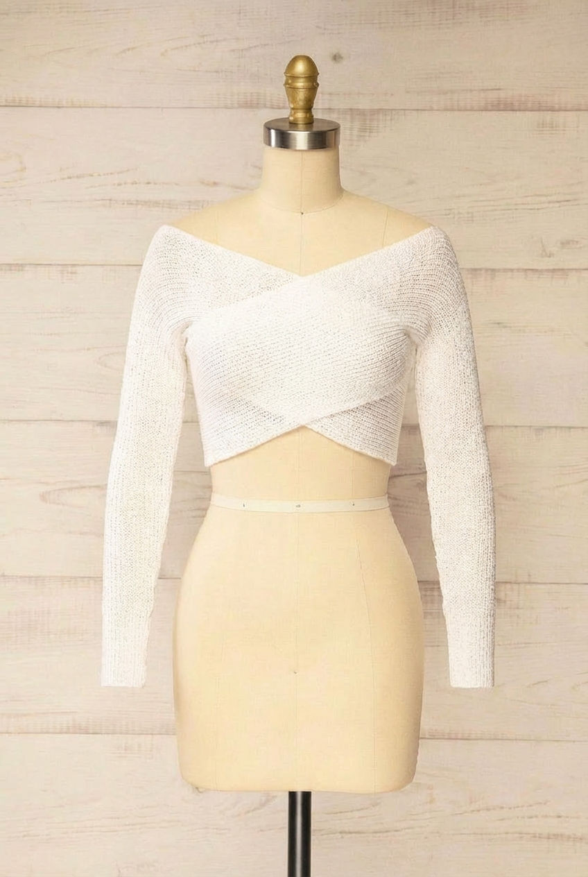 Ameca Ivory Knitted Convertible Crop Top | La petite garçonne front view