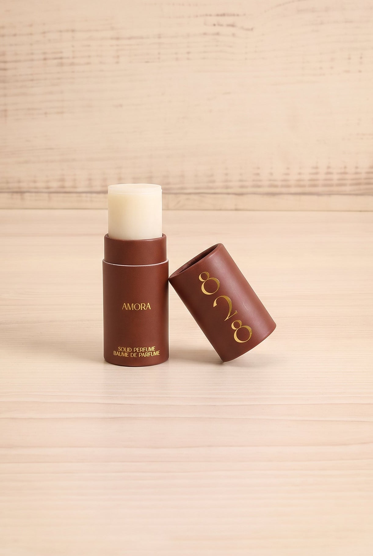 Front view of the Amora solid perfume by 828 Aroma open, handmade in Canada and available at Maison Garçonne.