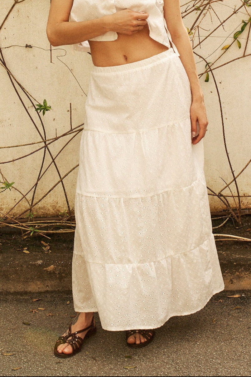 woman wearing Andrea Skirt White Maxi Paneled Skirt by Dailystory from la petite garçonne