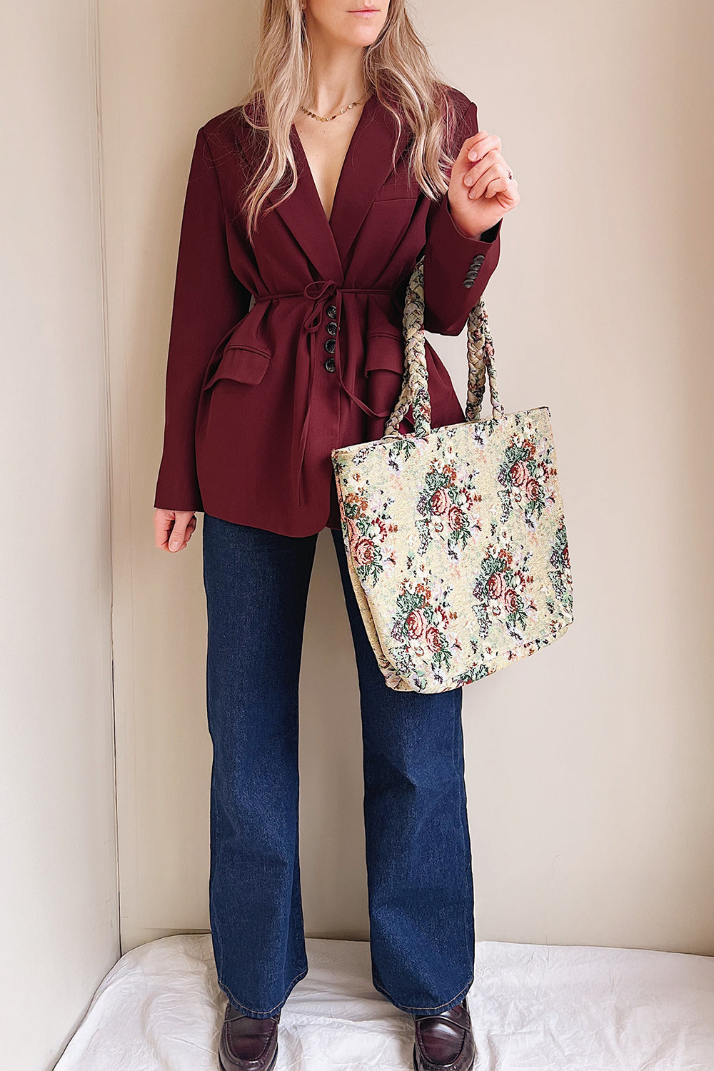 woman wearing Aosta Burgundy Oversized Blazer with Back-Tie from La petite garçonne