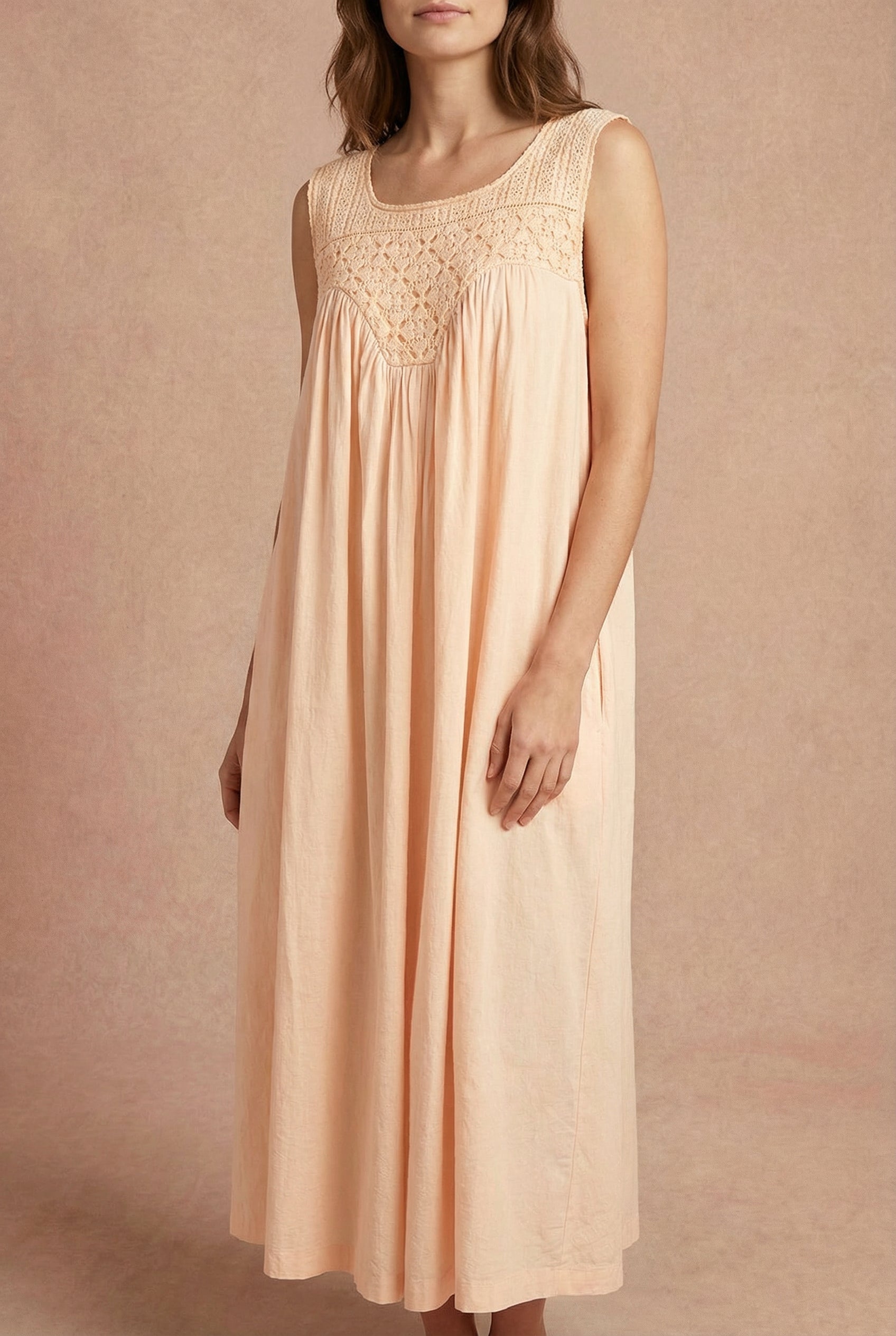 woman wearing Arleth Pink Lace Yoke Midi Nightgown with Pockets by April Cornell | Boutique 1861 