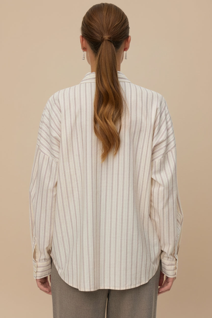 Woman wearing Bahamas Striped Button-Up Cotton Shirt | La petite garçonne back view