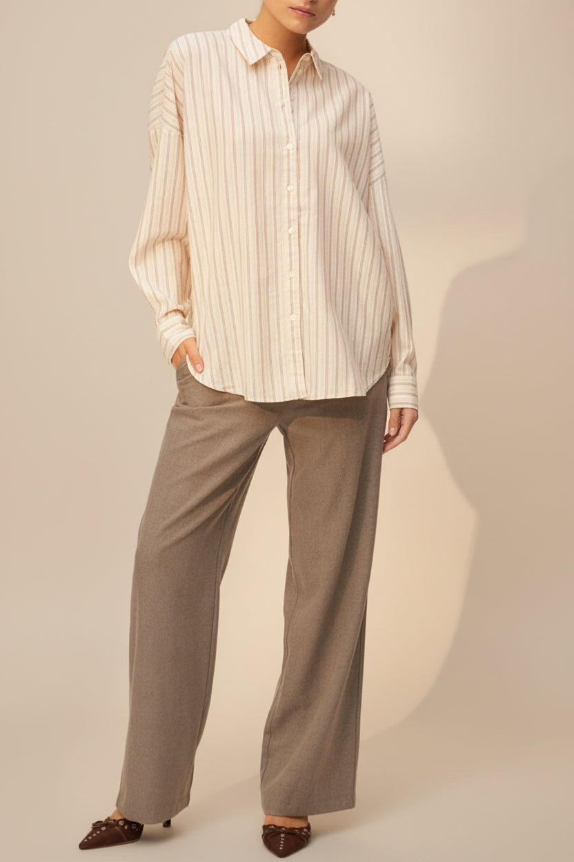 Woman wearing Bahamas Striped Button-Up Cotton Shirt | La petite garçonne close out