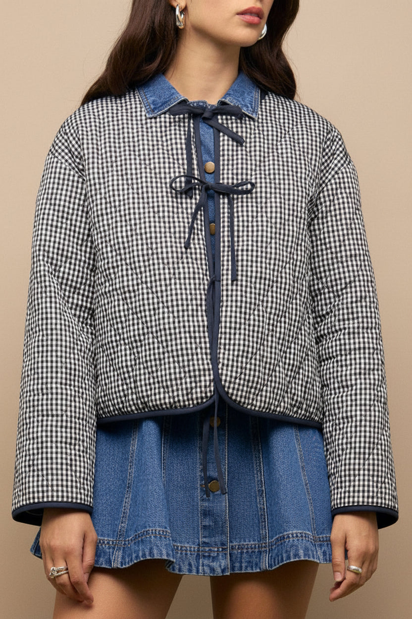 Ballia Reversible Navy Gingham Jacket with Front-Ties | La petite