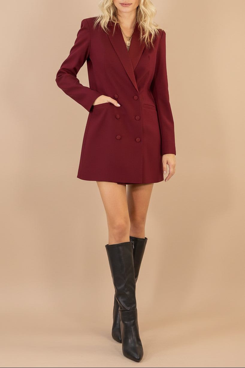 view of a woman wearing Barrameda Burgundy Double-Breasted Blazer Dress from La petite garçonne 