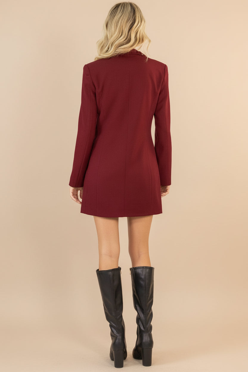 back of a woman wearing Barrameda Burgundy Double-Breasted Blazer Dress from La petite garçonne 