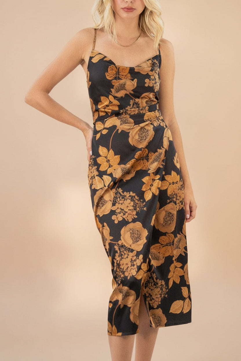 front of women wearing Hinaya Black Floral Cowl Neck Satin Midi Slip Dress from Boutique 1861