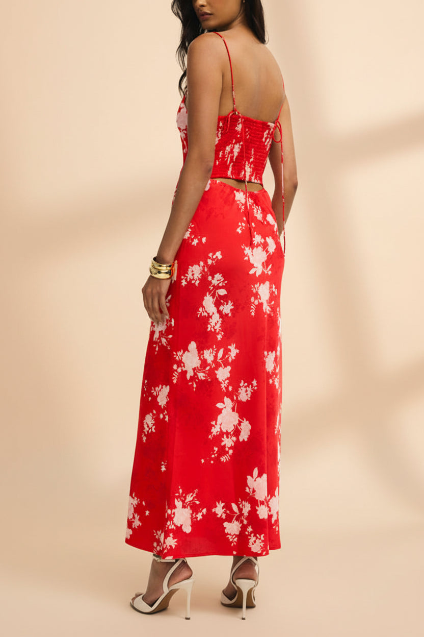 back of a woman wearing Bobbi Red Floral Fitted Midi Dress from Boutique 1861