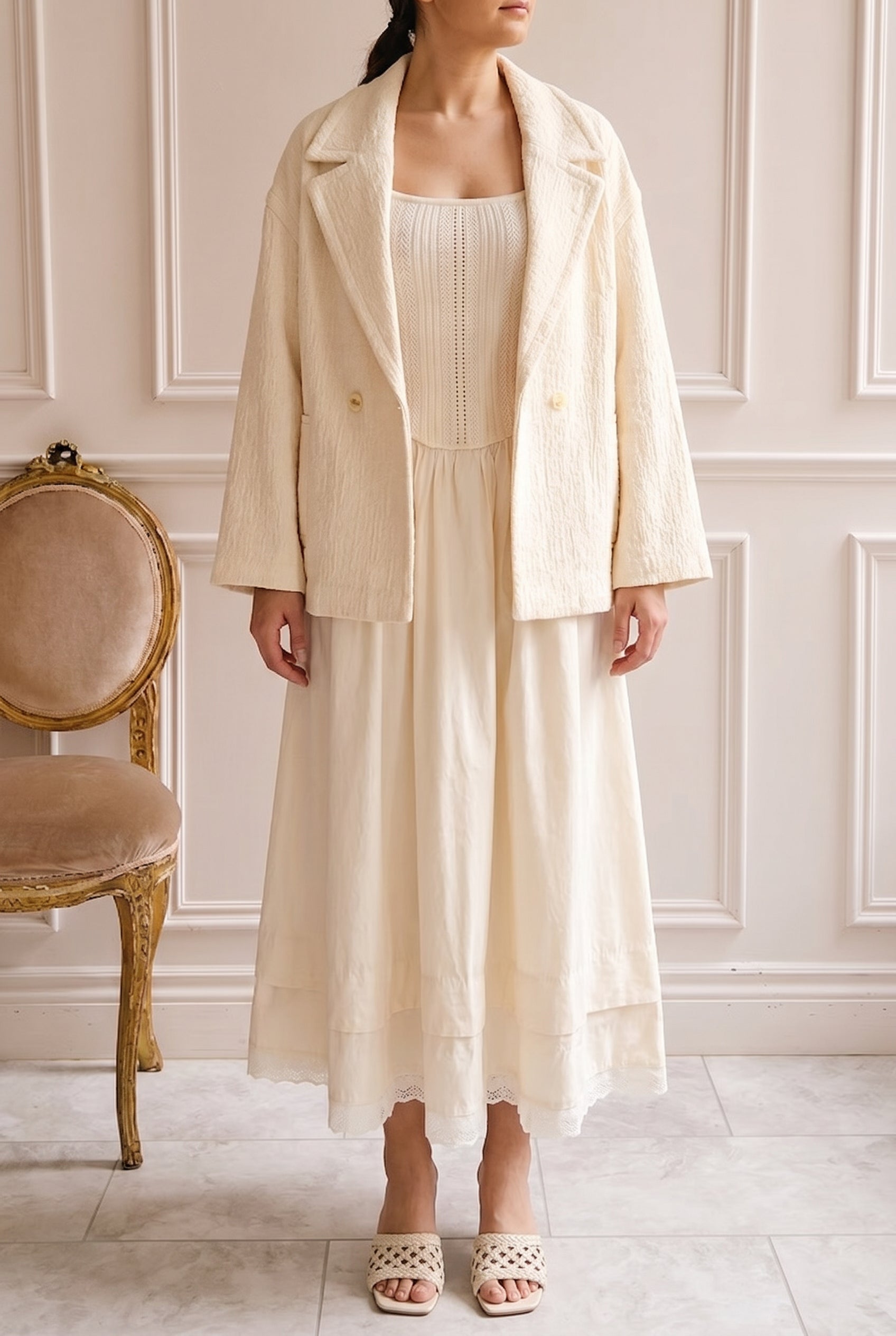 Woman wearing Bolsena Beige Knitted Top Midi Dress with Eyelet Trim at la petite garçonne