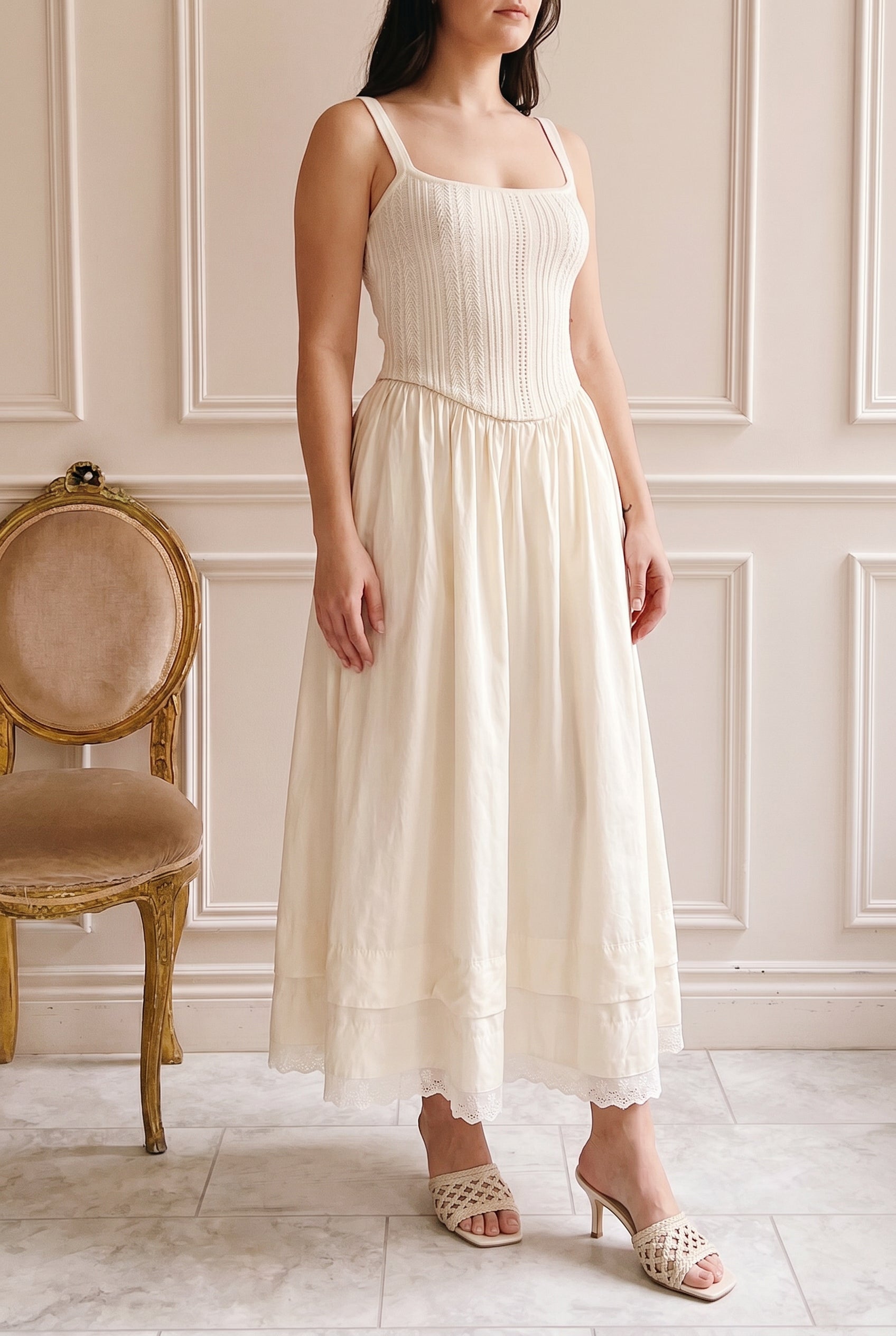 Woman wearing Bolsena Beige Knitted Top Midi Dress with Eyelet Trim at la petite garçonne