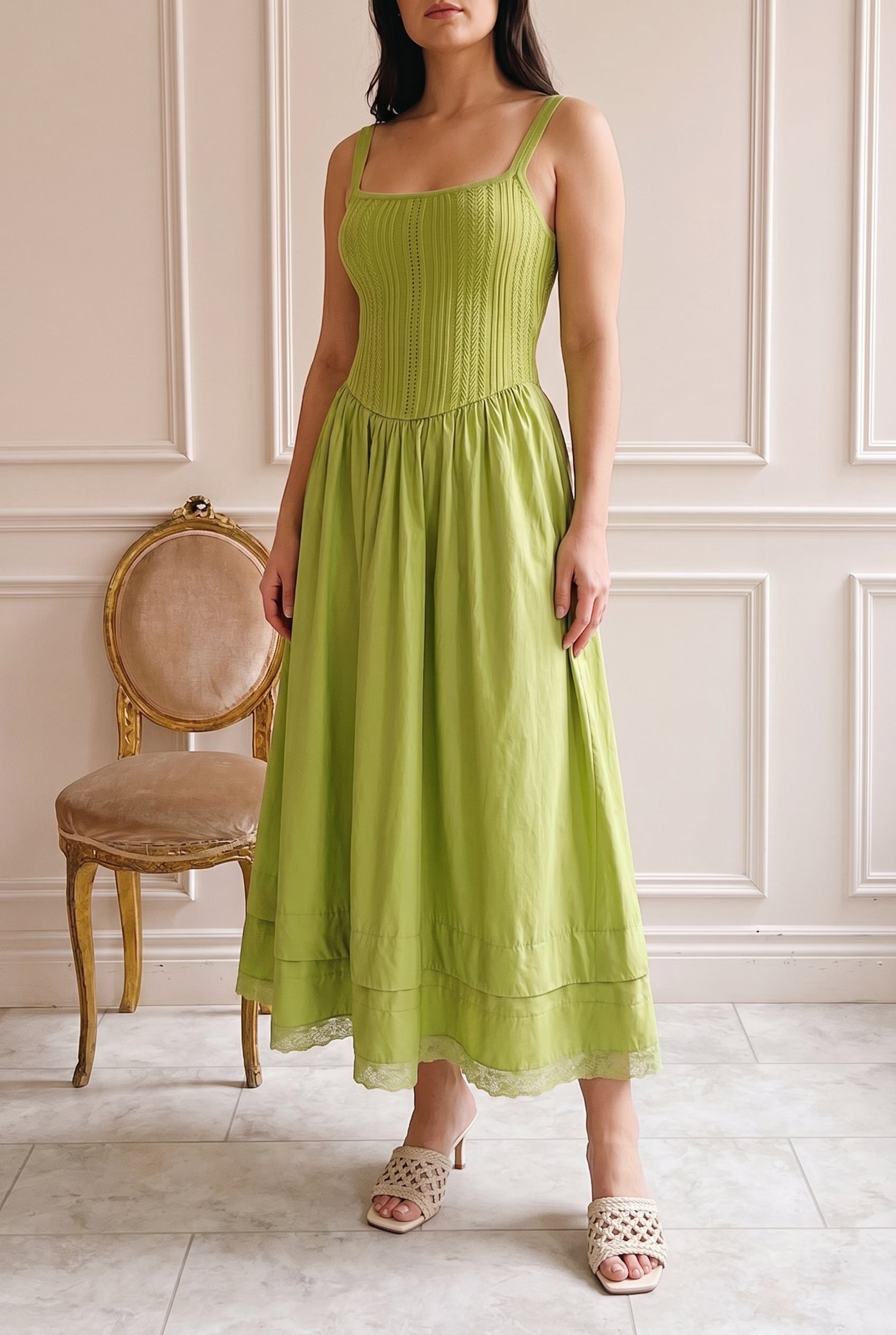Model wearing Bolsena Green Knitted Top Midi Dress with Eyelet Trim at la petite garçonne