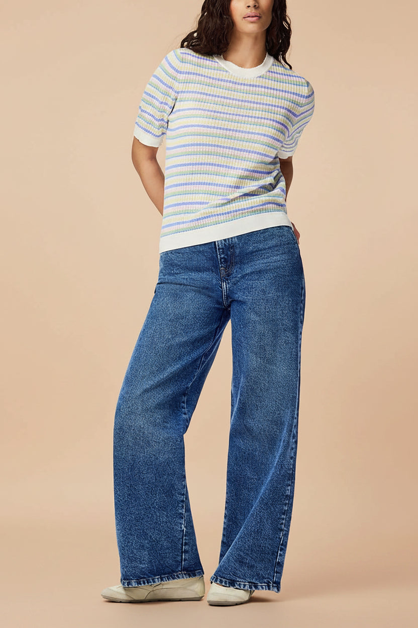 view of a woman wearing Brynn Multicolour Striped Knitted Top from La petite garçonne
