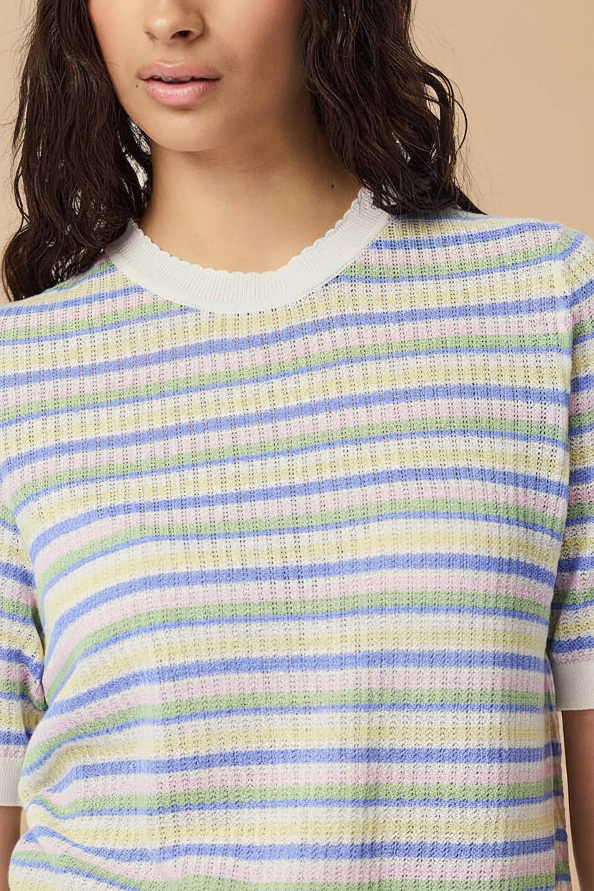 front of a woman wearing Brynn Multicolour Striped Knitted Top from La petite garçonne