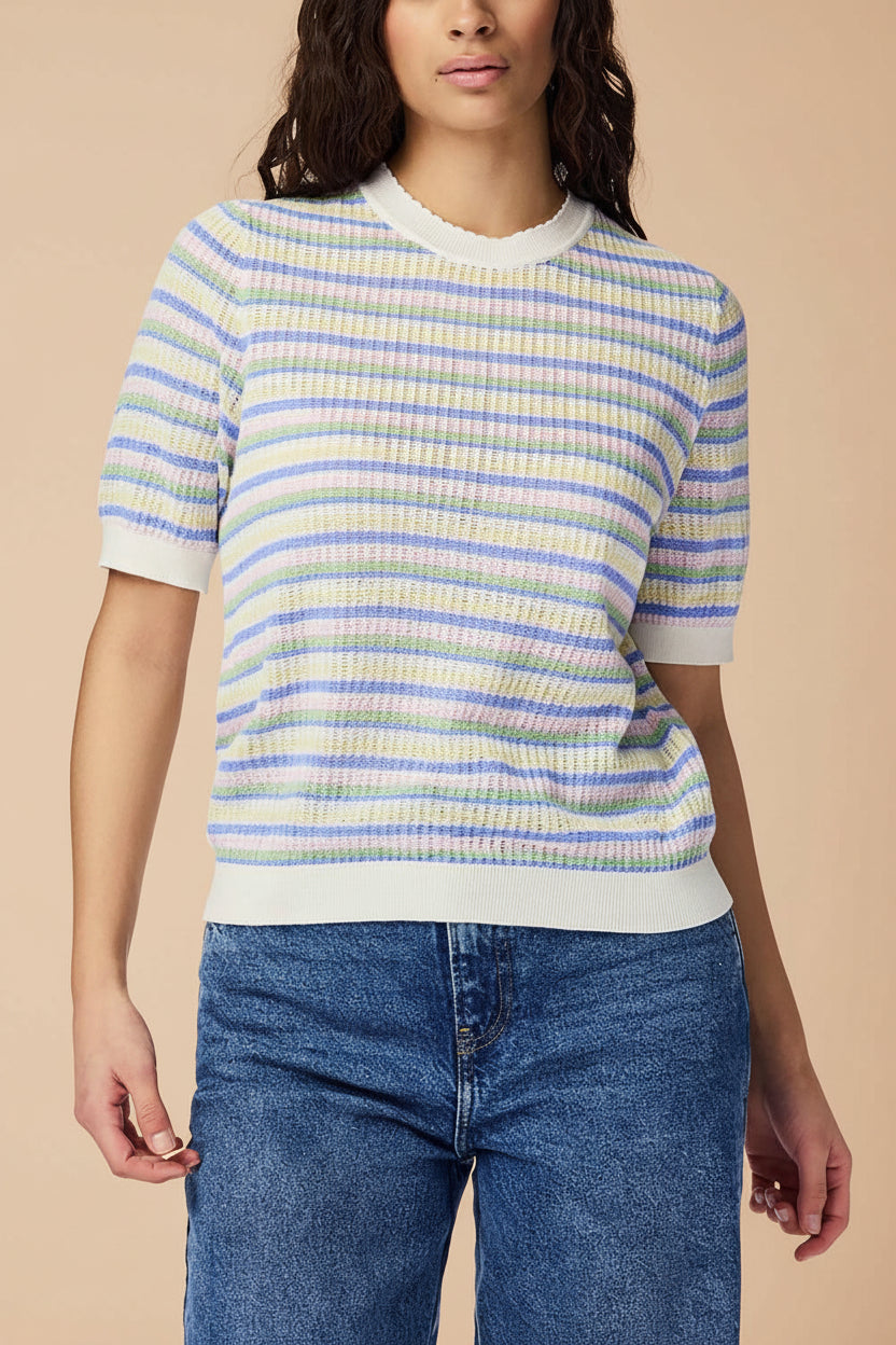 front view of a woman wearing Brynn Multicolour Striped Knitted Top from La petite garçonne