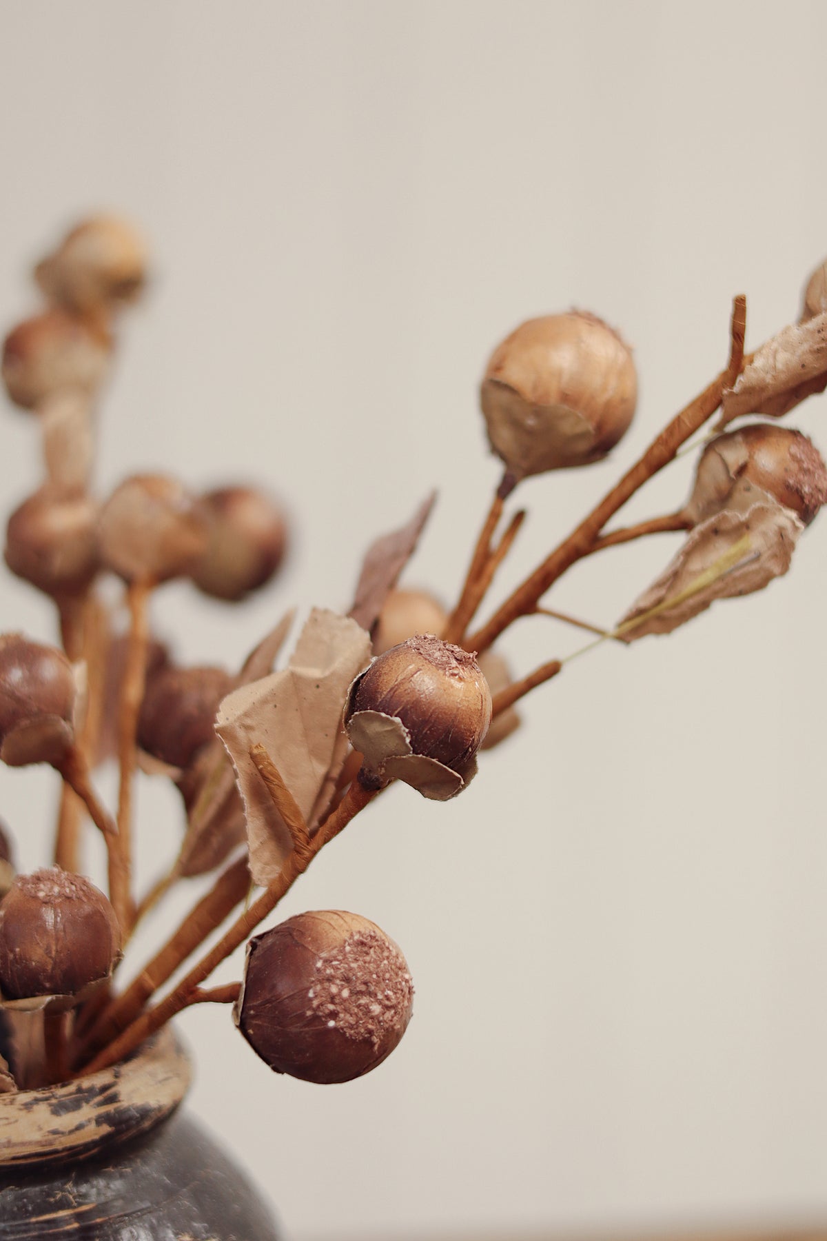 close up on a decorative vase with dried artificial botanical stem with several brown seed pods and small tan leaves, photographed at la maison garçonne montreal