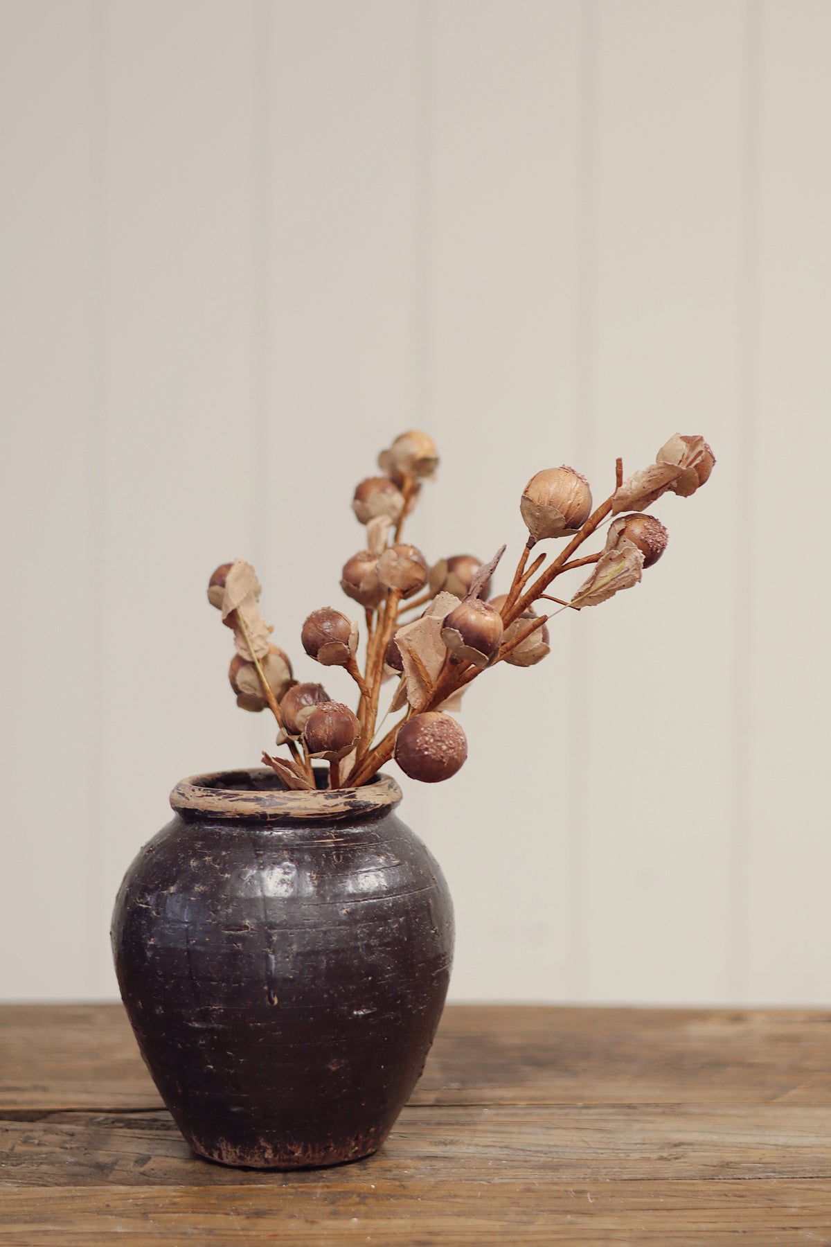 Decorative vase with dried artificial botanical stem with several brown seed pods and small tan leaves, photographed at la maison garçonne montreal