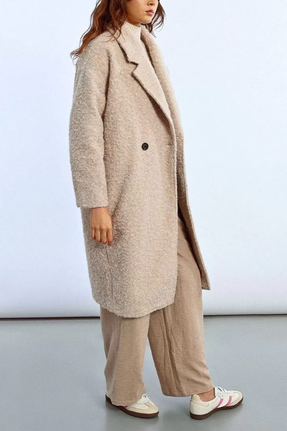 Budhanil Long Beige Fuzzy Coat | La petite garçonne model side 