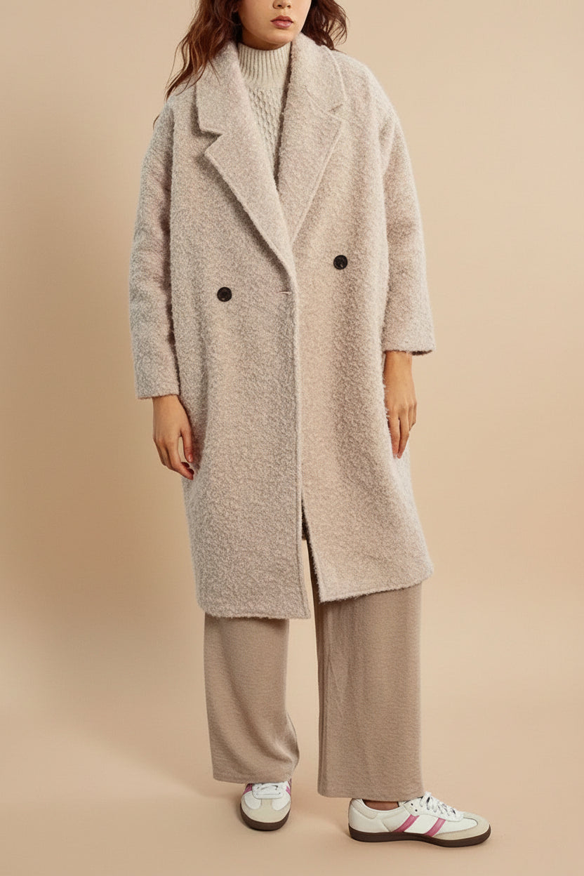 Budhanil Long Beige Fuzzy Coat | La petite garçonne model front