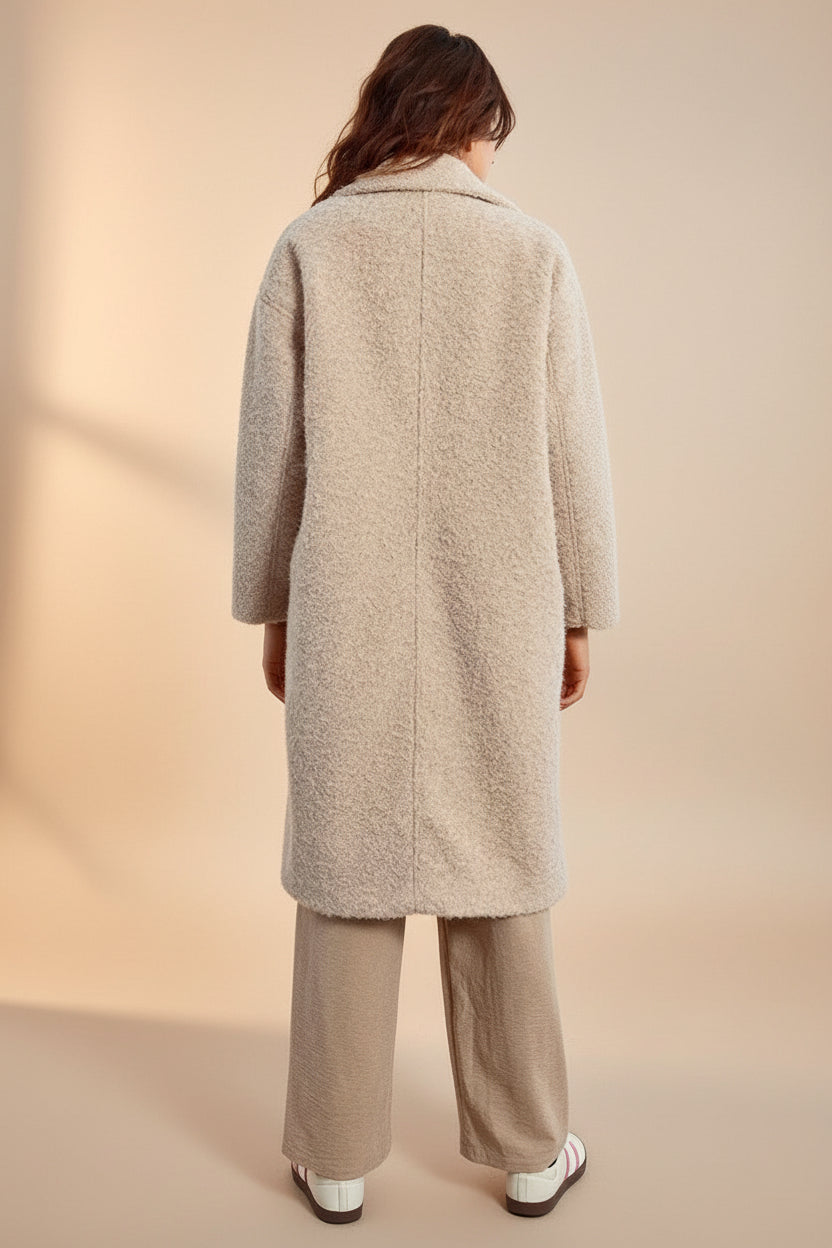 Budhanil Long Beige Fuzzy Coat | La petite garçonne model back