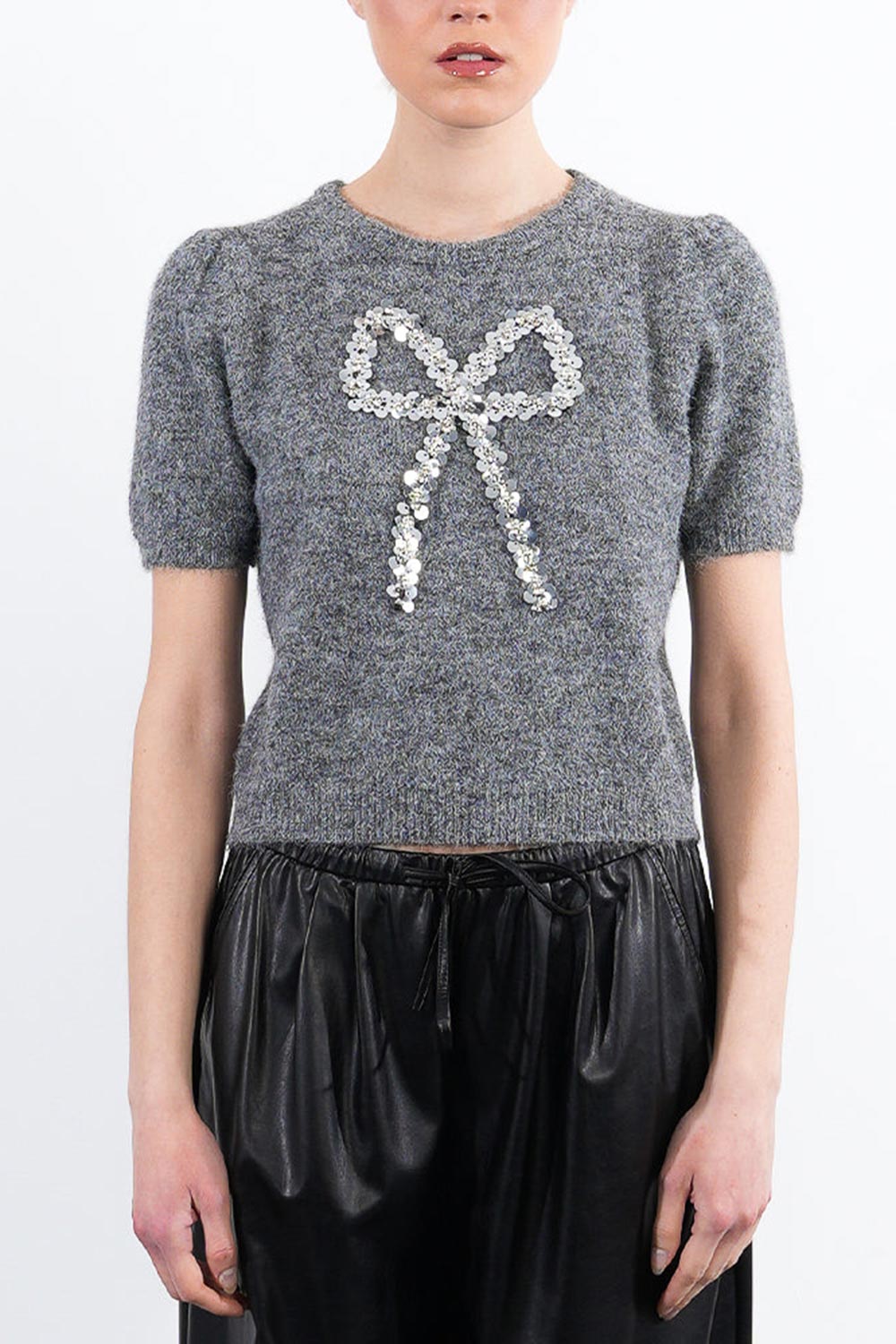 Byram Grey Knitted T-Shirt with Sequin Bow | Boutique 1861 front model