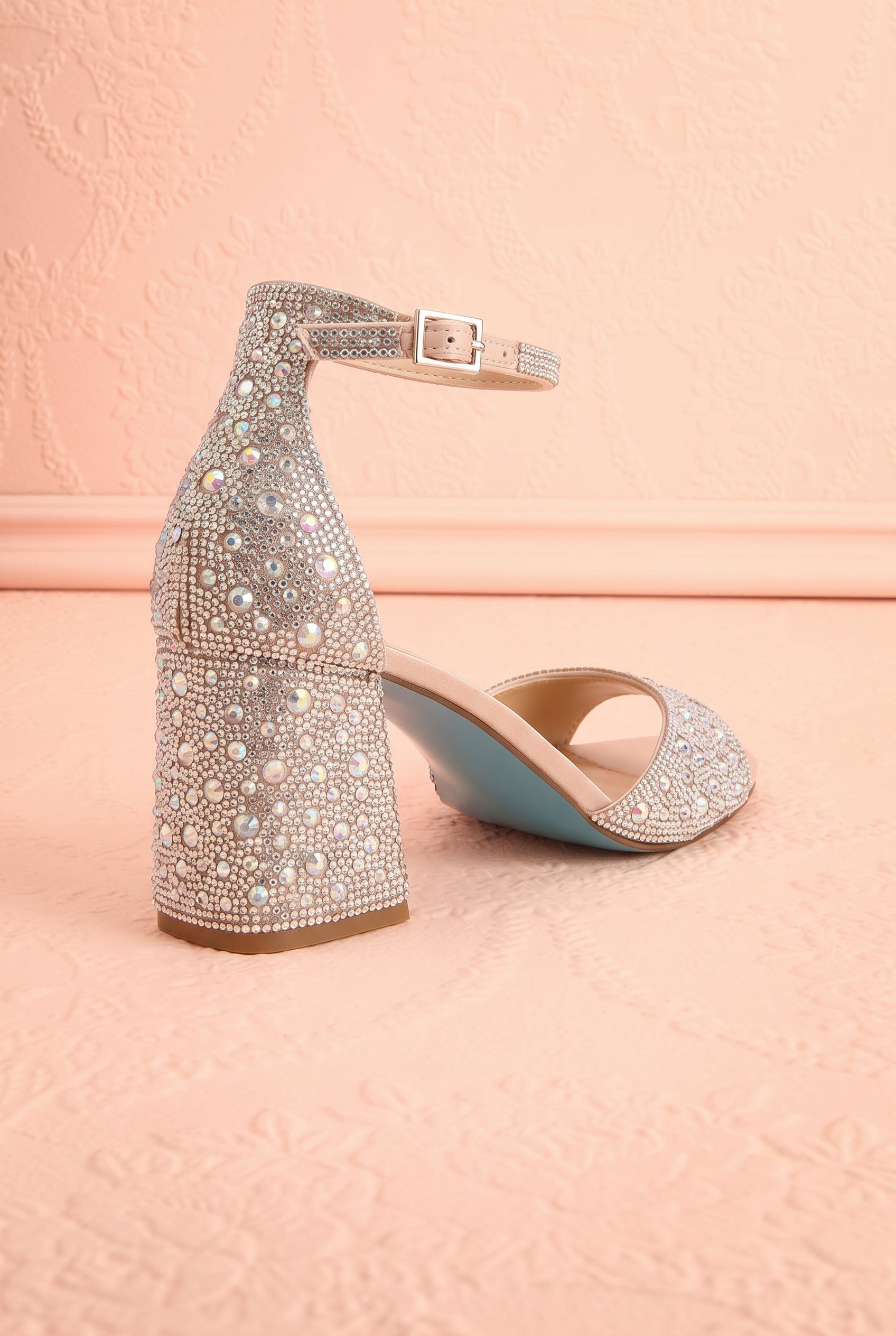 Back profile Cornelian Rhinestone Block Heel Sandals with Blue Sole from Betsey Johnson at boutique 1861