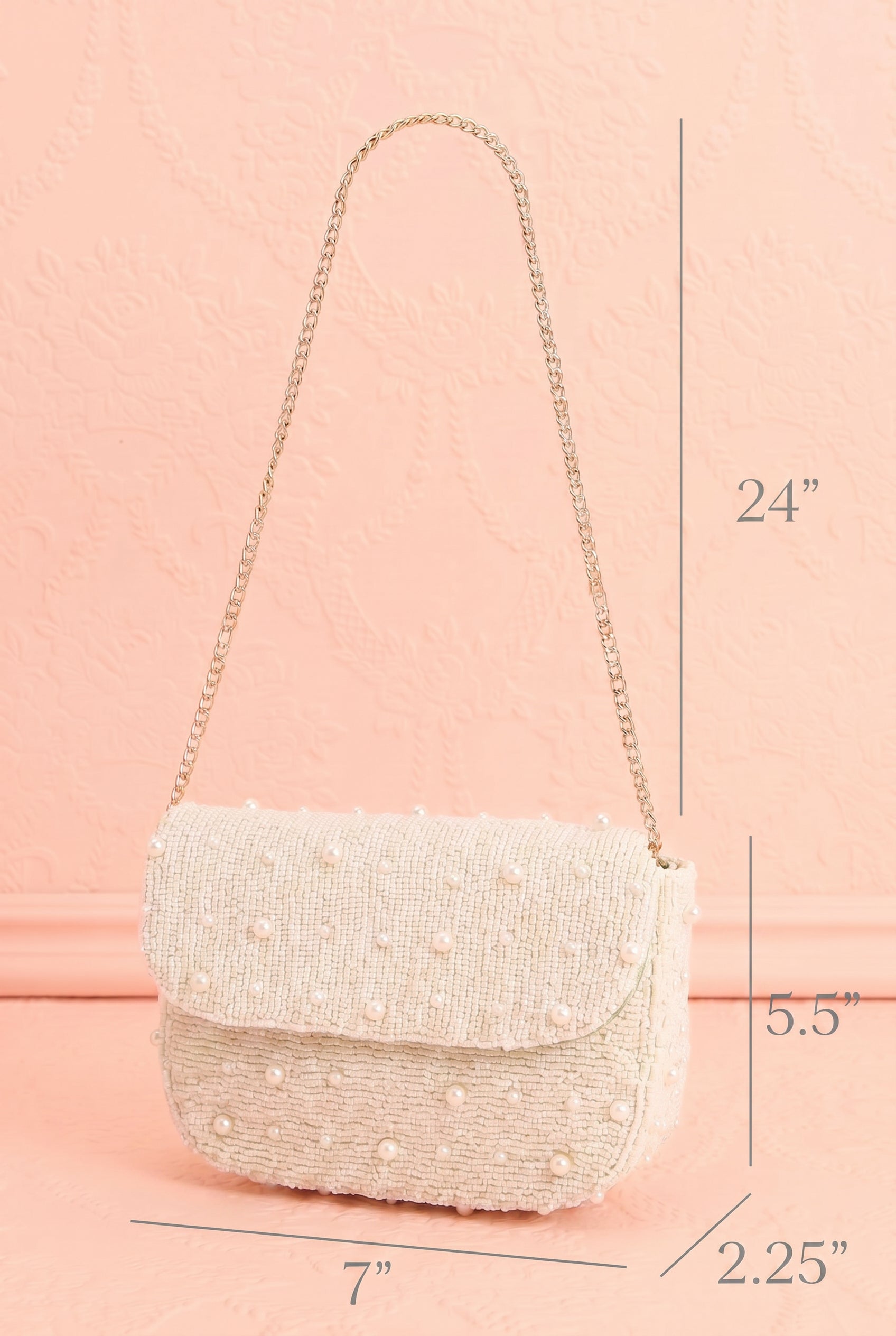 frontview and measure of Prince Ivory Beaded Pearl Clutch and Crossbody Bag at boudoir 1861
