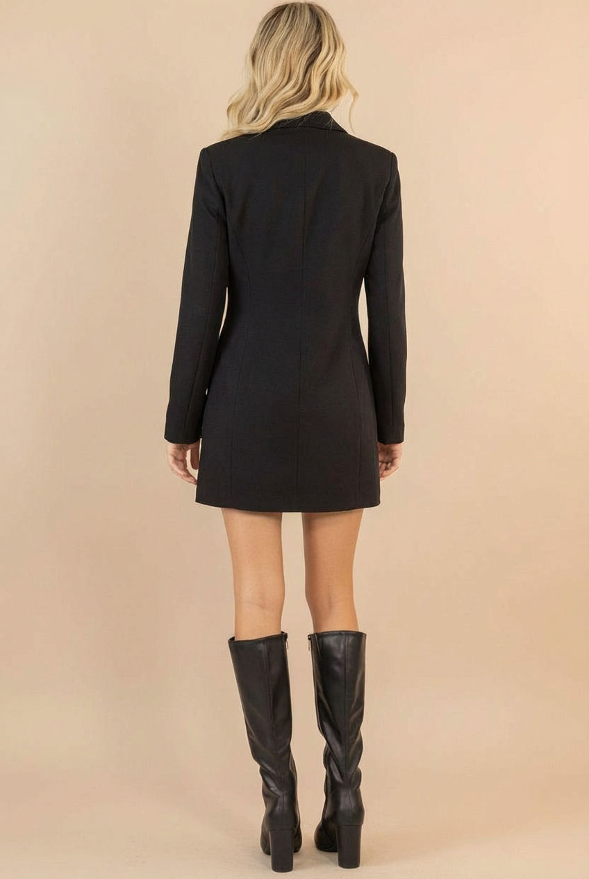 Backview of a woman wearing Barrameda black Double-Breasted Blazer Dress from La petite garçonne 