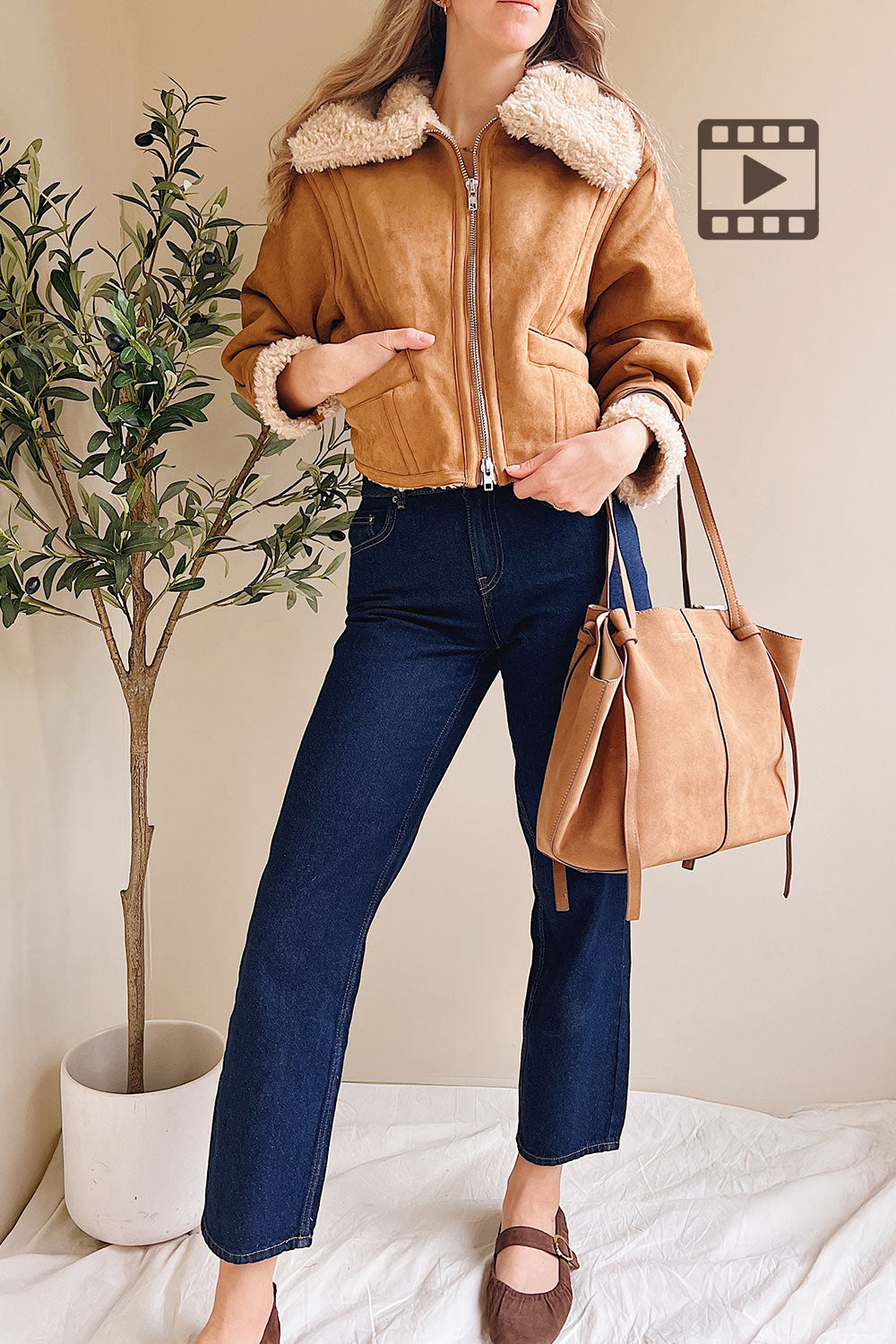 woman wearing Bathrust Faux Suede Caramel Jacket with Sherpa Lining from La petite garçonne