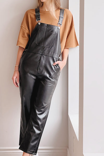 Ndjamena Black Faux Leather Overalls | La petite garçonne on model
