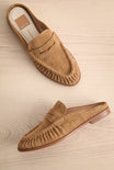 flat lay of Betzy Brown Suede Slip-On Loafers at La petite garçonne