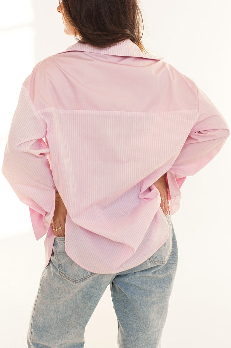 Blairr Stripes Pink Oversized Button-Up Shirt | La petite garçonne modle back