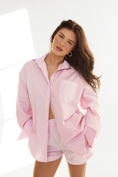 Blairr Stripes Pink Oversized Button-Up Shirt | La petite garçonne model