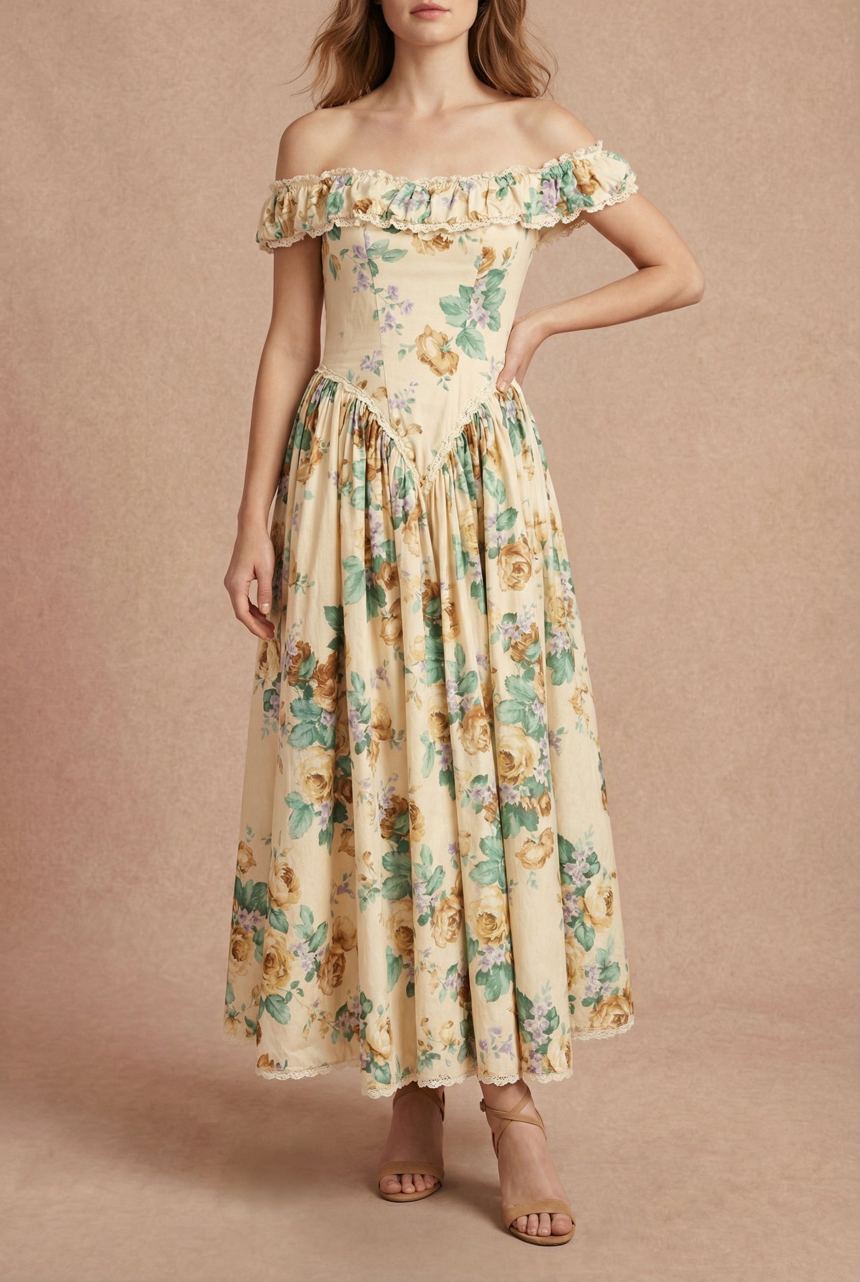 Breena | Beige Vintage Floral Long Dress with Pockets