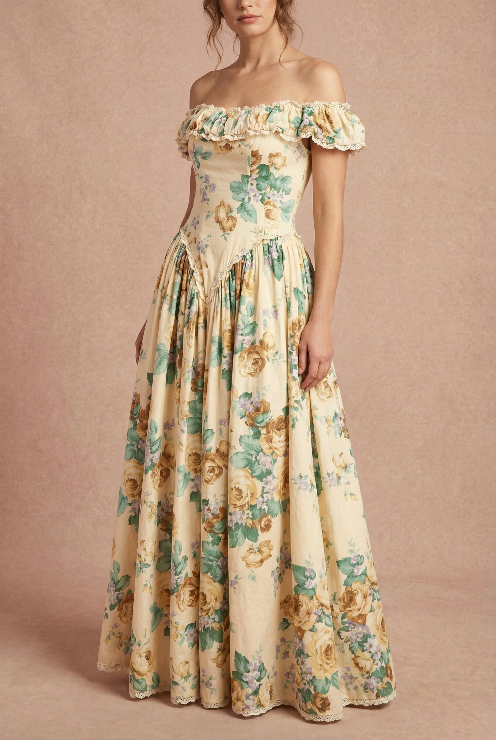 Woman wearing Breena Beige Vintage Floral Long Dress with Pockets from Boutique 1861 