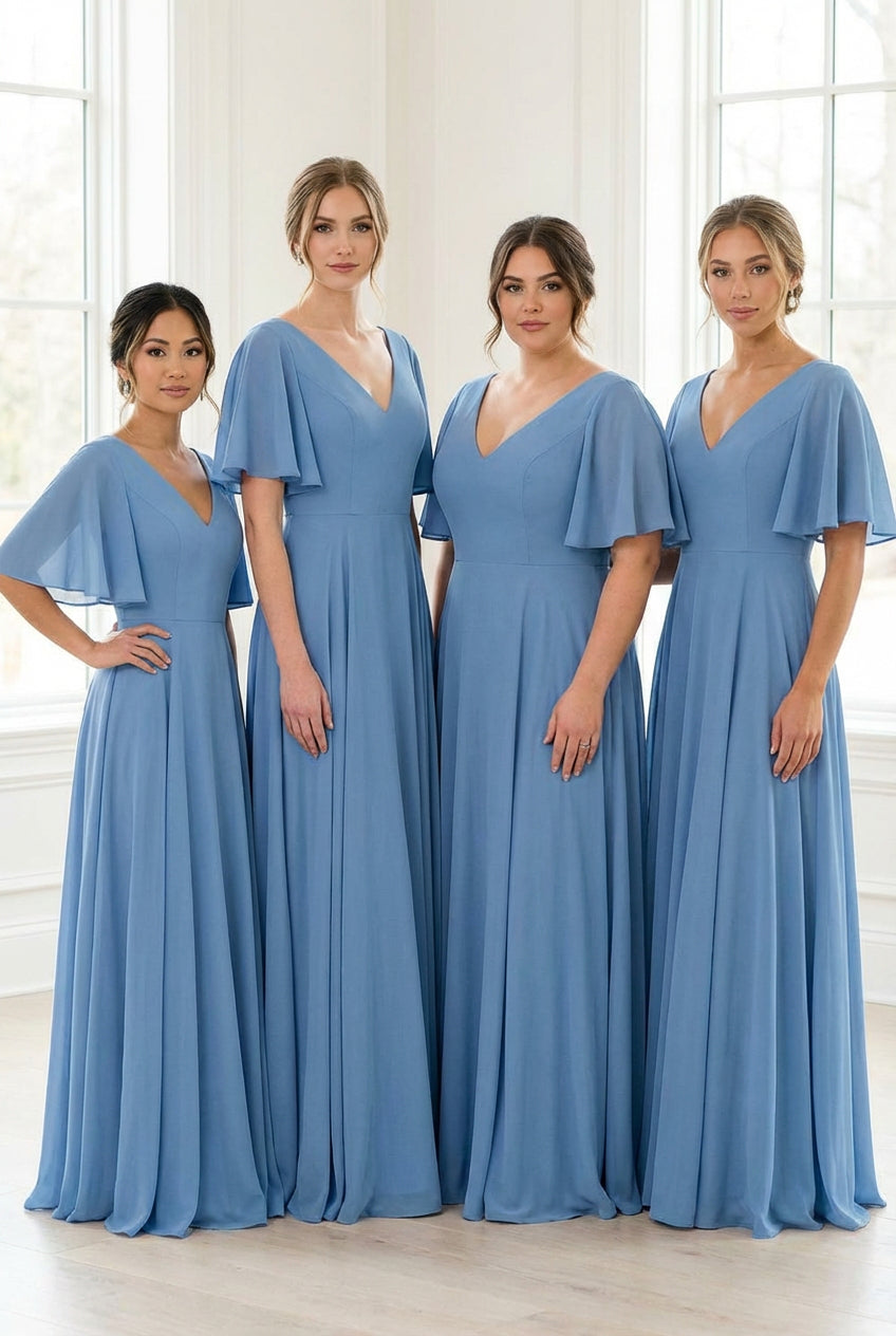 group of bridemaids wearing  Adelphia Blue V-Neck Chiffon Maxi Dress from Boutique 1861