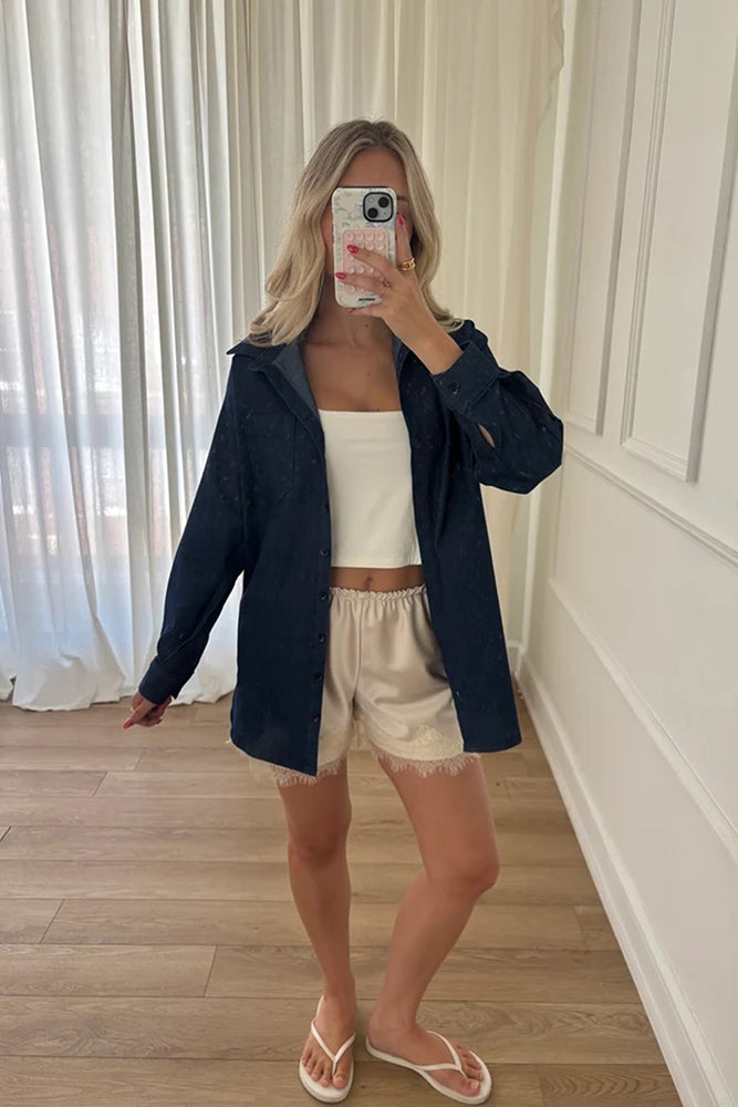 Blairr Chemise Marine | Chemise en Denim Marine Surdimensionnée à Boutons par Dailystory