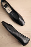 flat lay of Caret Black Leather Square Toe Ballet Flats at La petite garçonne