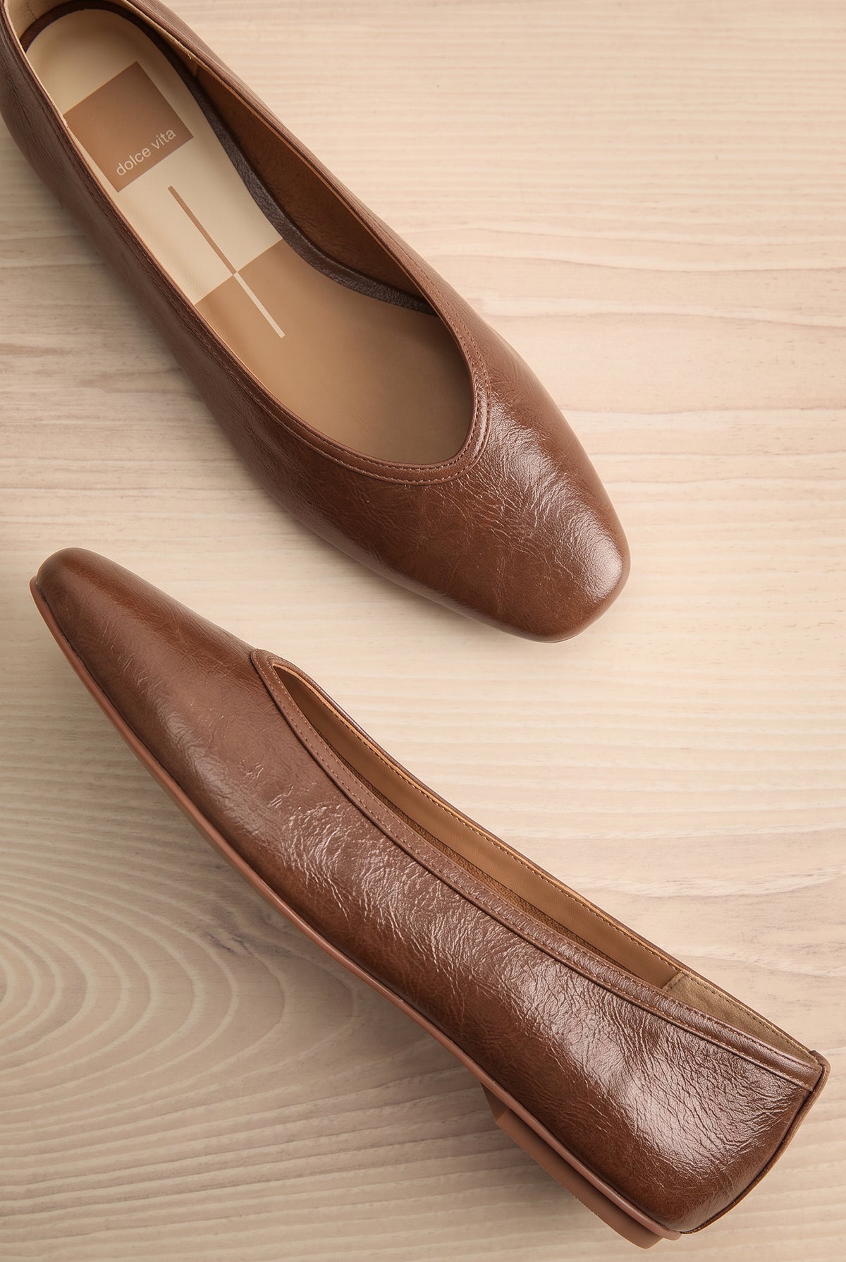 flat lay of Caret Brown Leather Square Toe Ballet Flats at La petite garçonne