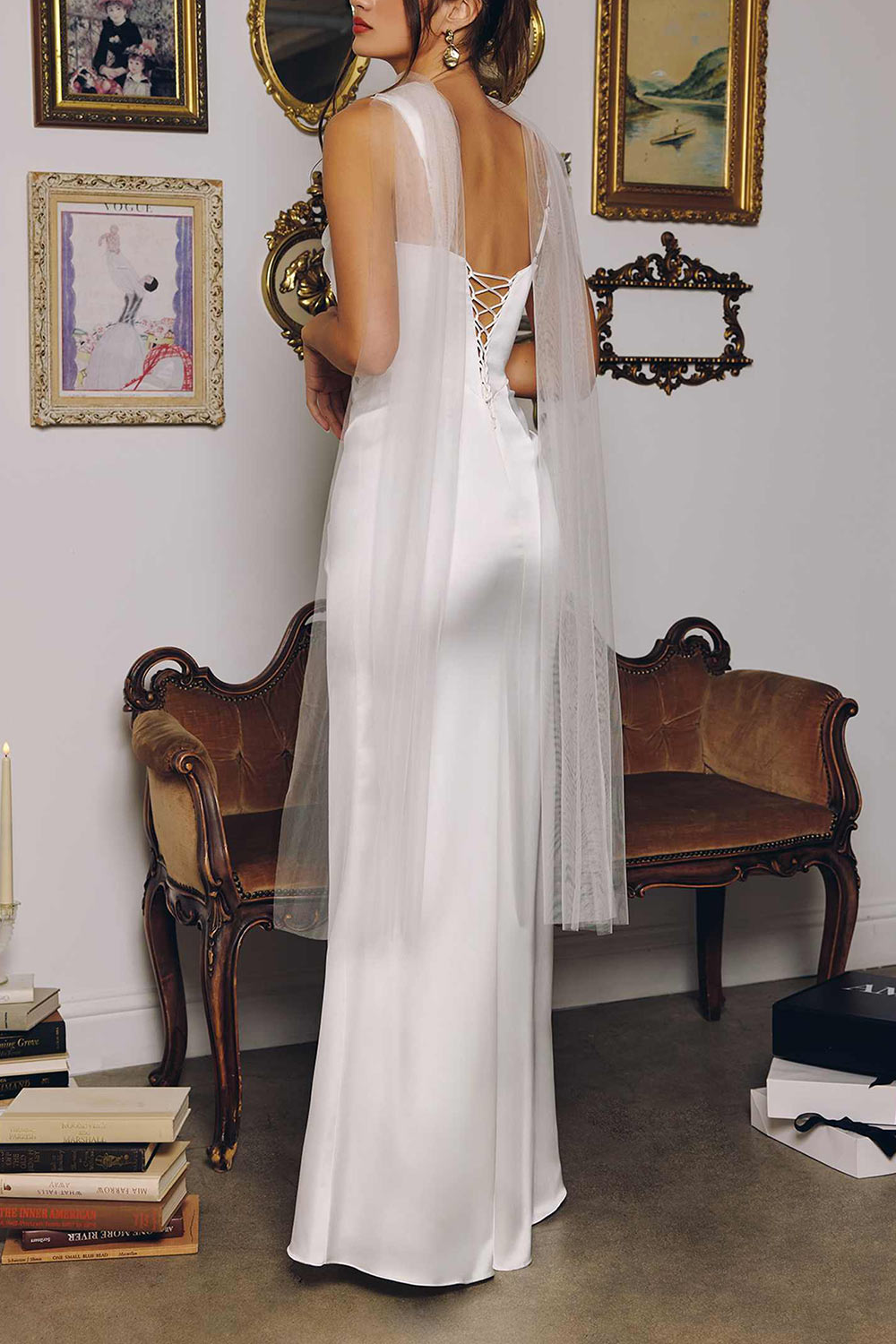 back of a woman wearing Carissa Satin Wedding Dress with Lace-Up Back from Boudoir 1861 with tule scarf