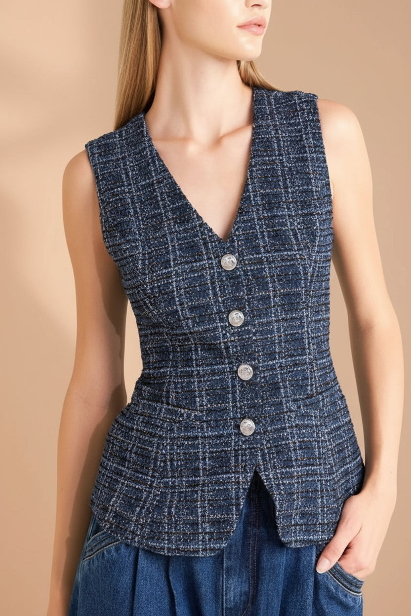 front of women wearing Cascina Sleeveless Sparkling Tweed Blazer from La petite garçonne