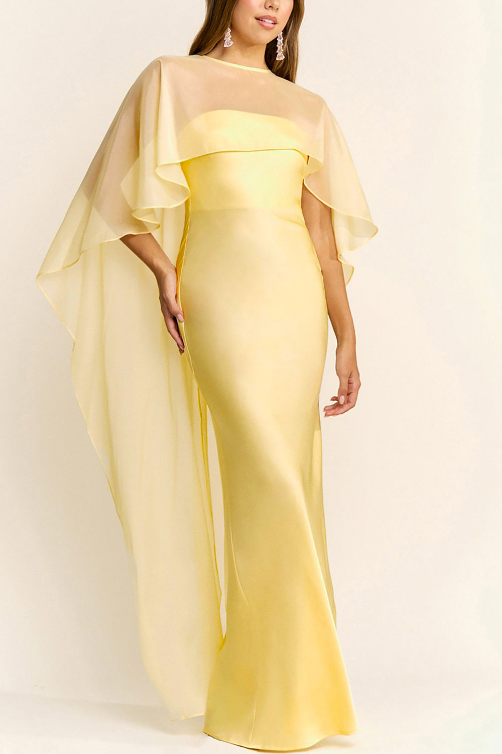 side of a woman wearing Cathleen Light Yellow Fitted Strapless Satin Maxi Dress | Boutique 1861