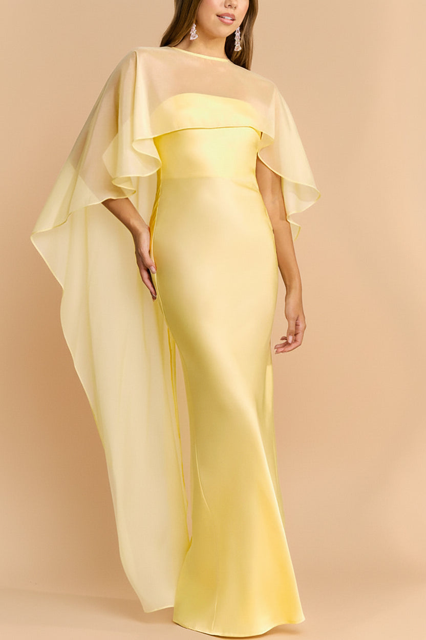 side of a woman wearing Cathleen Light Yellow Fitted Strapless Satin Maxi Dress | Boutique 1861
