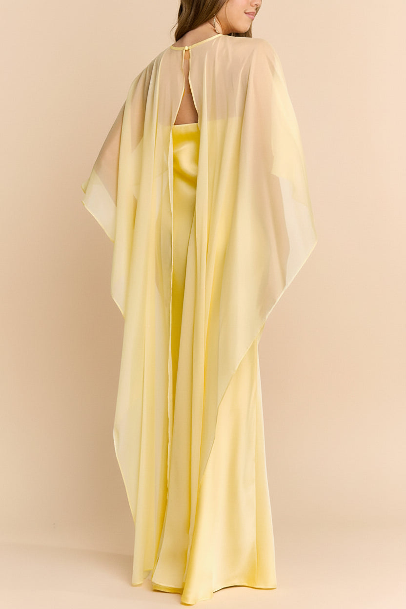 back of a woman wearing Cathleen Light Yellow Fitted Strapless Satin Maxi Dress | Boutique 1861