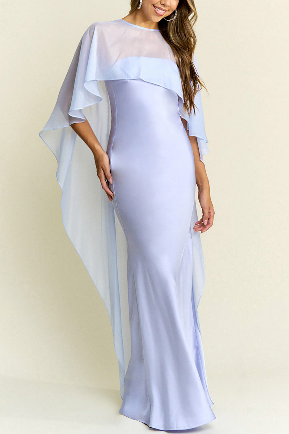 side of a woman wearing Cathleen Lavender Fitted Strapless Satin Maxi Dress from Boutique 1861