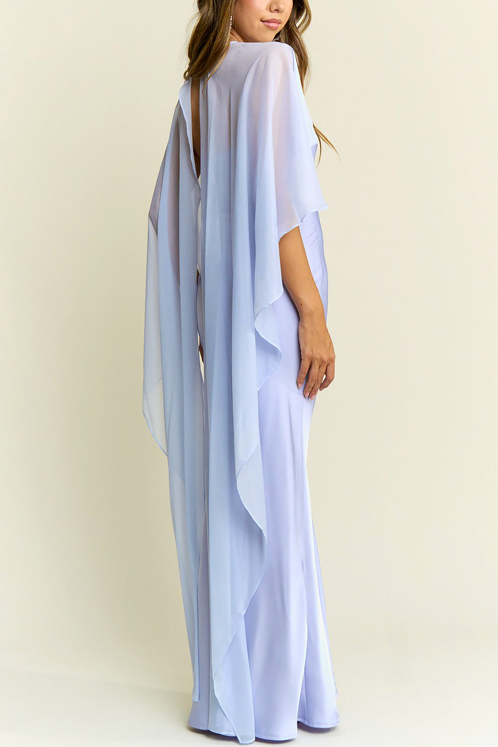 back of a woman wearing Cathleen Lavender Fitted Strapless Satin Maxi Dress from Boutique 1861